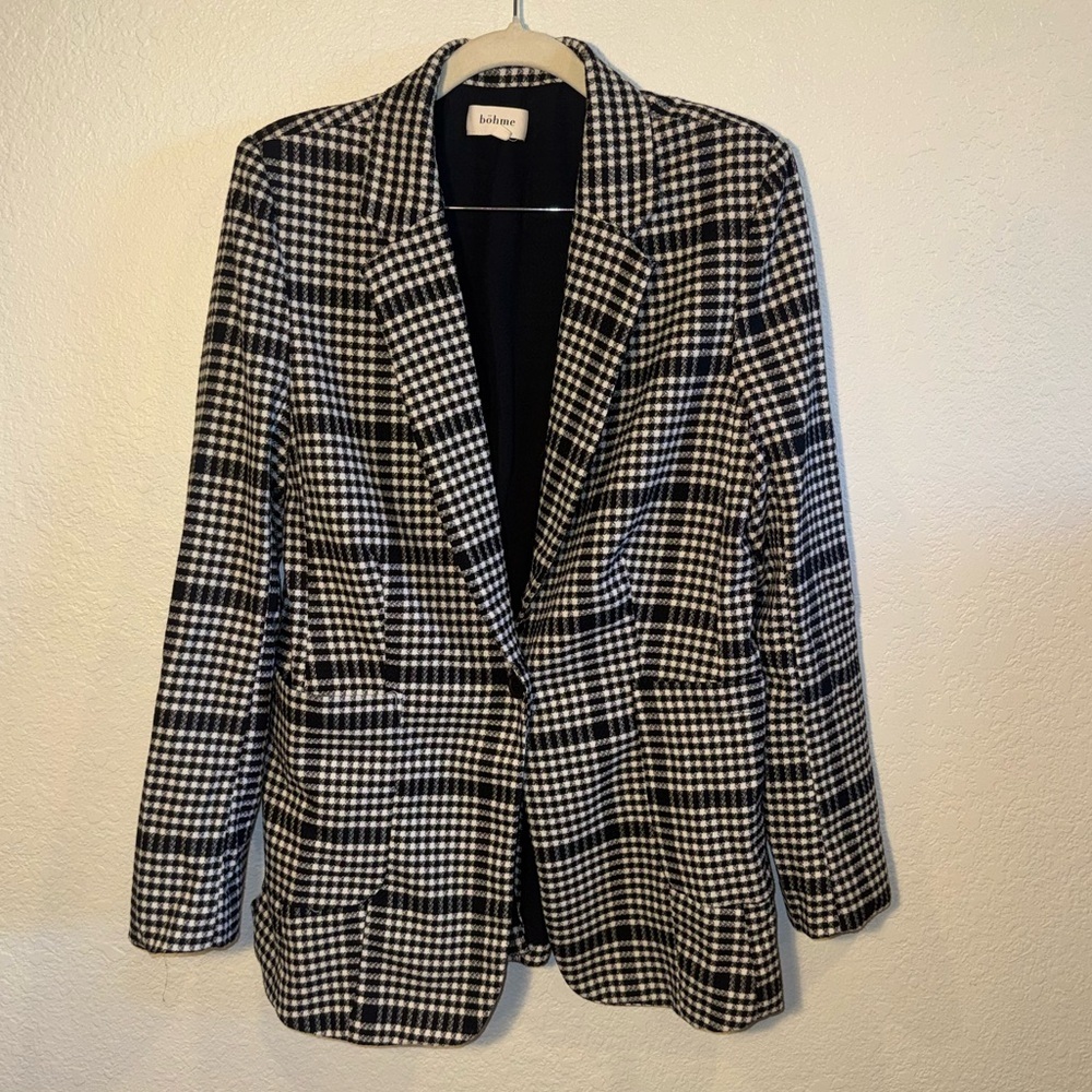 Böhme Black & White Plaid Blazer with Pockets Single Button Closure Size M